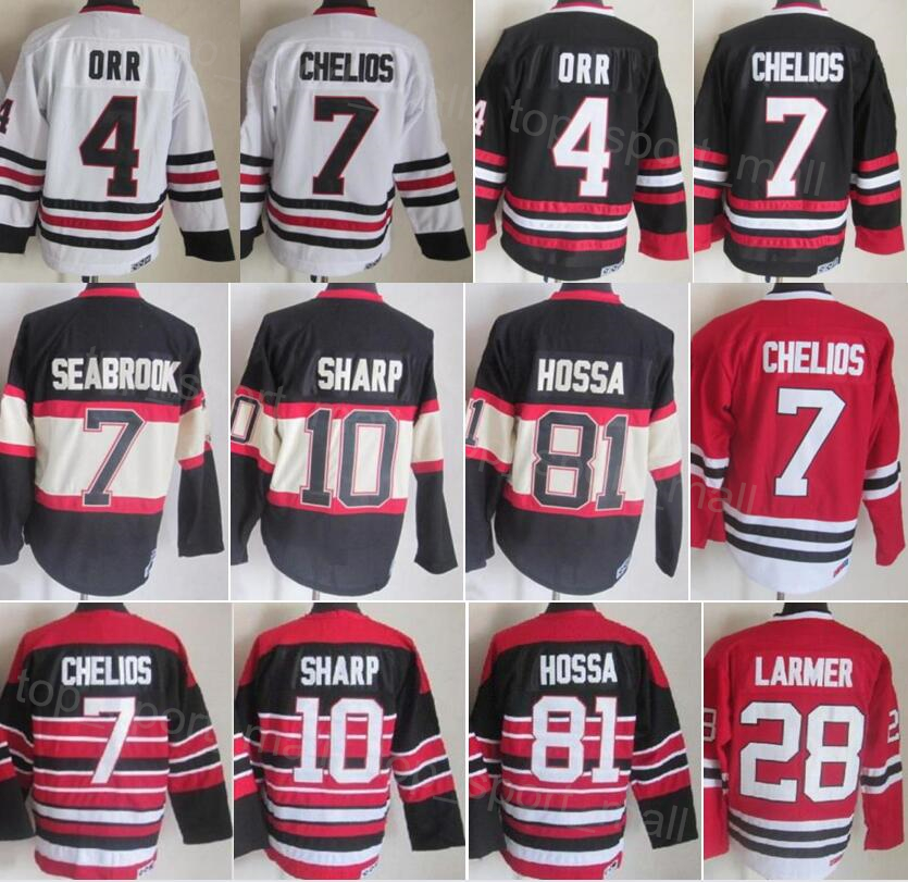 Men Retro Hockey 4 Bobby Orr Jersey Vintage Classic 7 Chris Chelios 10 Patrick Sharp 81 Marian Hossa 28 Steve Larmer 3 Pierre Pilote 8 Bill Mosienko Black Red White
