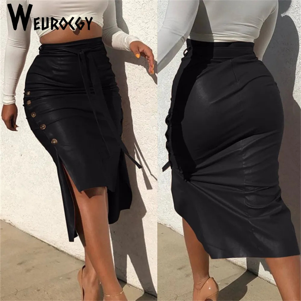 Fashion Women Solid Color High Waist PU Leather Midi Skirt Lace up Side Button Slim Skinny Pencil for Ladies Streetwear 231005