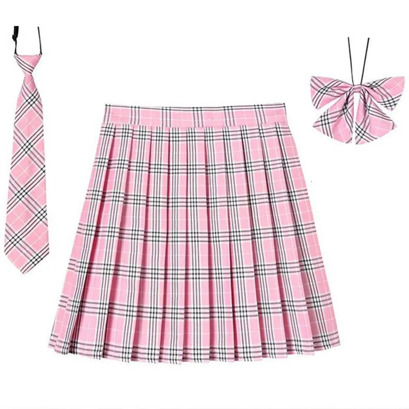 Women Plaid Pleat Skirt With Necktie Bowtie XS 5XL Harajuku Preppy Mini Japanese School Uniforms Girls Summer Jupe Kawaii 231005