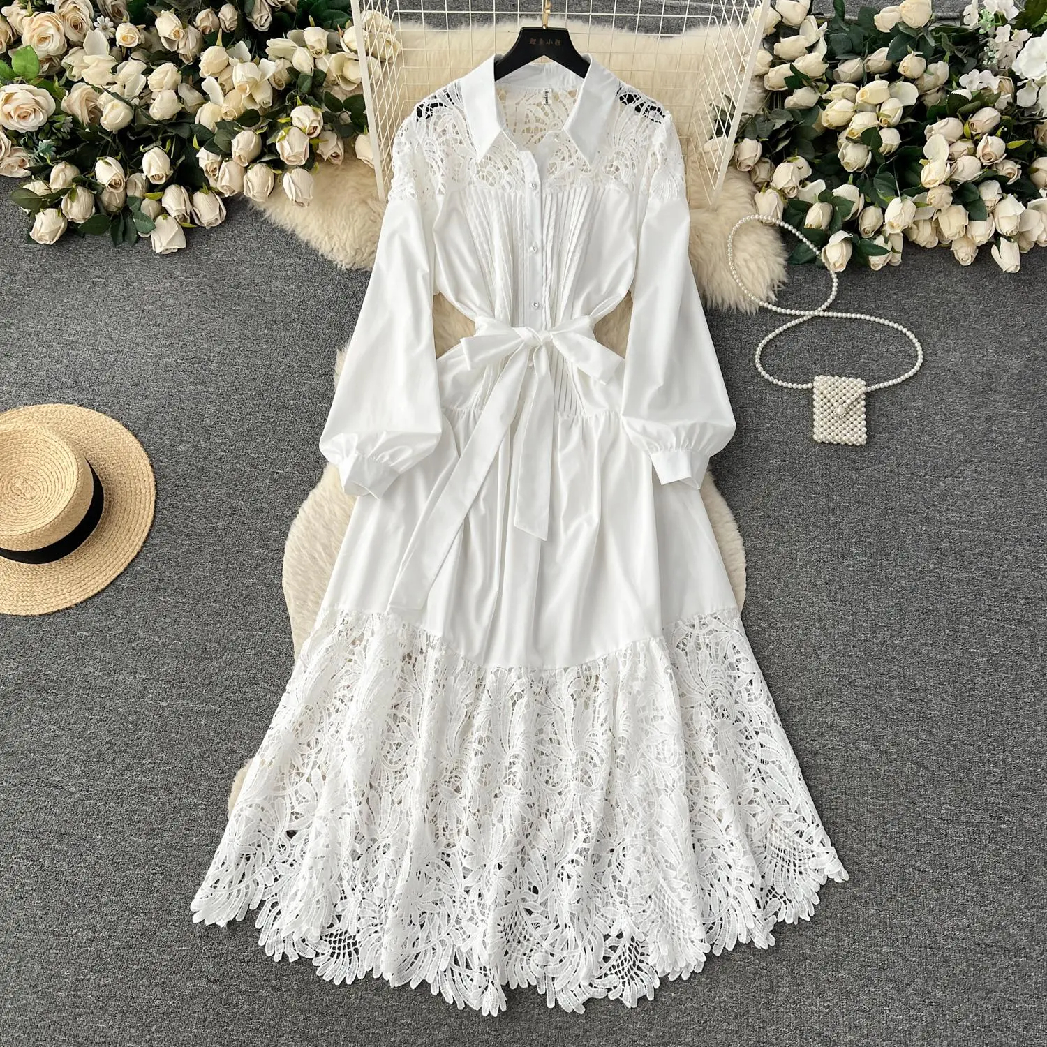 Basic Casual Dresses Runway Fashion Long Lace Dress Women Lapel Long Sleeve Embroidery Hollow Out Loose Belt Party Evening Dress Ladies Quality