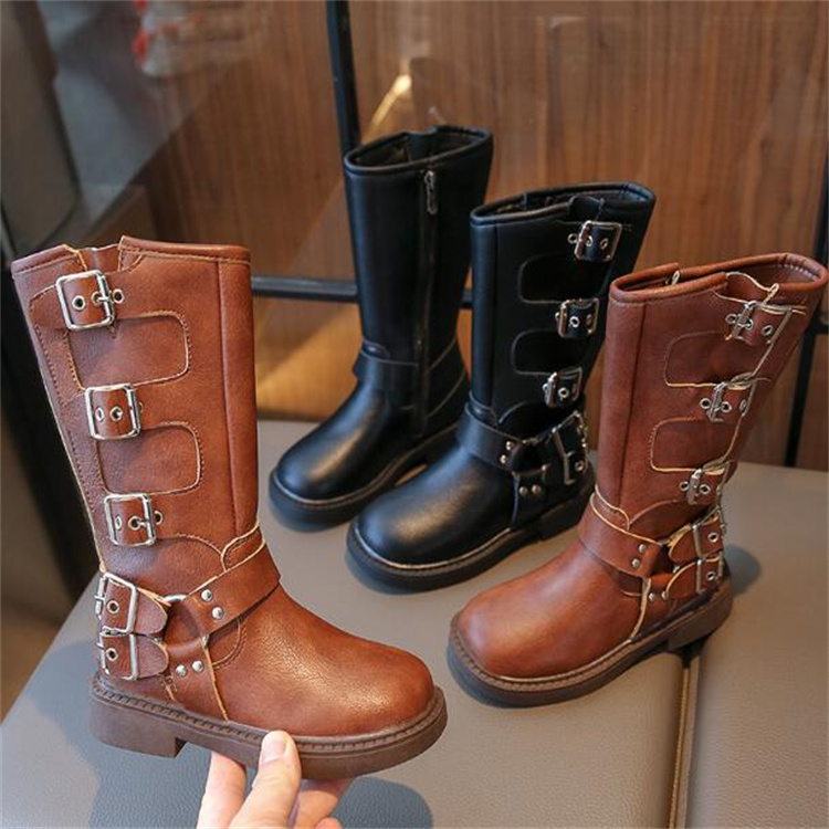 Fashion Kids Boots Autumn Girls Side Zipper Thigh Boot Childrens Flat Heels Boots Soft Sole Baby Booties Princess Leather Shoes