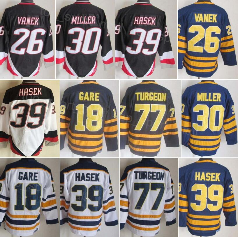 Men Retro Hockey 26 Thoma Vanek Jersey 18 Danny Gare 30 Ryan Miller 39 Dominic Hasek 77 Pierre Turgeon 16 Pat LaFontaine 89 Mogilny Vintage All Stitched Navy White
