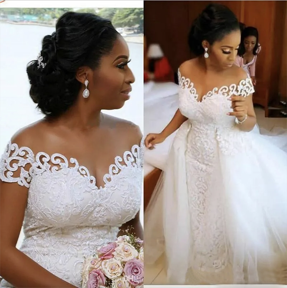 Sexy African Nigerian Mermaid Wedding Dresses With Detachable Train Full Lace Applique Sheer Off The Shoulder Short Sleeve Bridal Gowns 2023