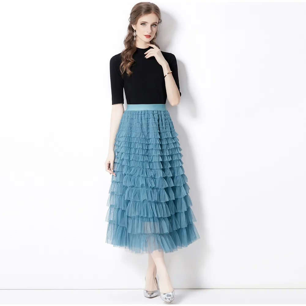Autumn Womens Two Piece Dresses Women O-Neck Solid Knitting Black Tops High Waist A-E Multilayer Cascading Skirt Suit Runway 2 Pieces Matching Set 202