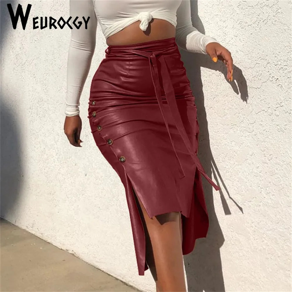 Fashion Women Solid Color High Waist PU Leather Midi Skirt Lace up Side Button Slim Skinny Pencil for Ladies Streetwear 231005