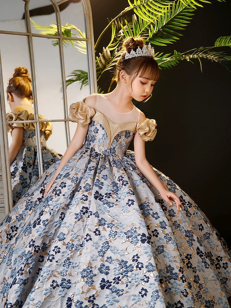 Gold Blue Wer Girl Dresses Off Shoulder Ball Gown Lace Appliques Beads Kids Girls Pageant Party Dress Shiny Bg 2-12 Years Birthday Gowns 403 6660311