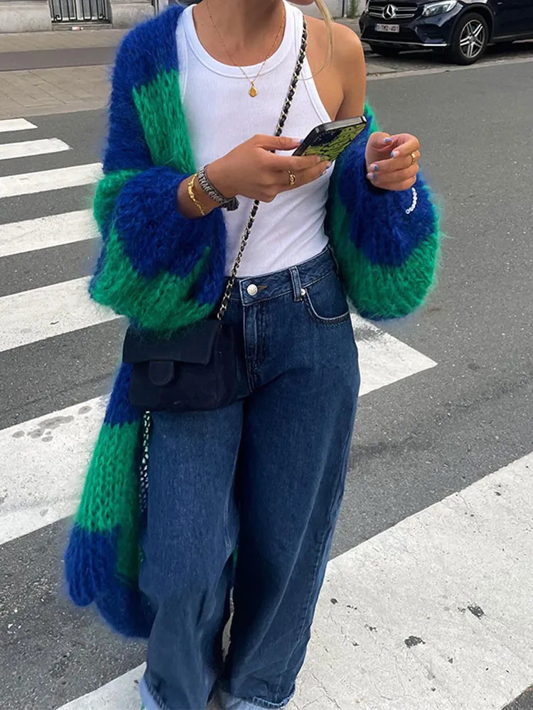 Womens Knits Tees Wome Vintage Striped Crochet Knitted Cardigan Casual Loose Thick Long Lantern Sleeve Sweater Autumn Winter Fashion Street Coat 23100