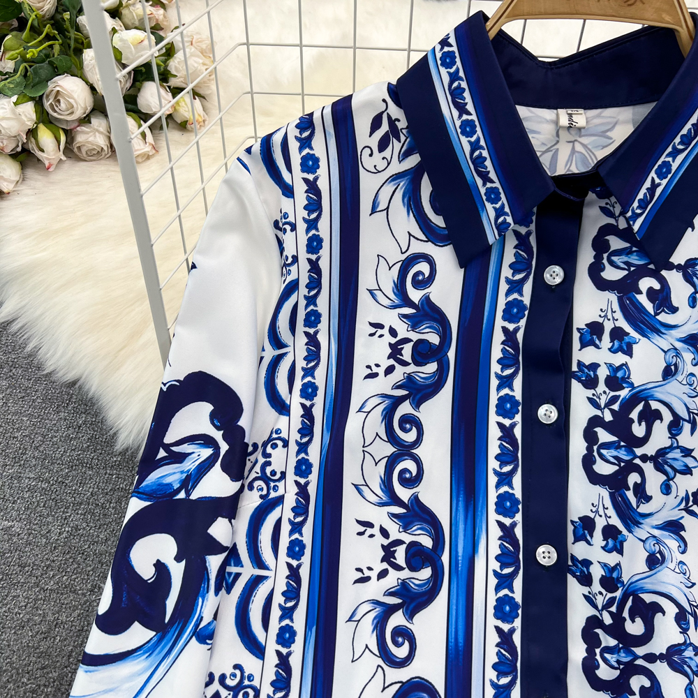 Two Piece Dress Runway Blue White Porcelain Set Women's Lapel Long Sleeve Print Blouse Shirts And High Waist Cropped Pants Trousers Suit