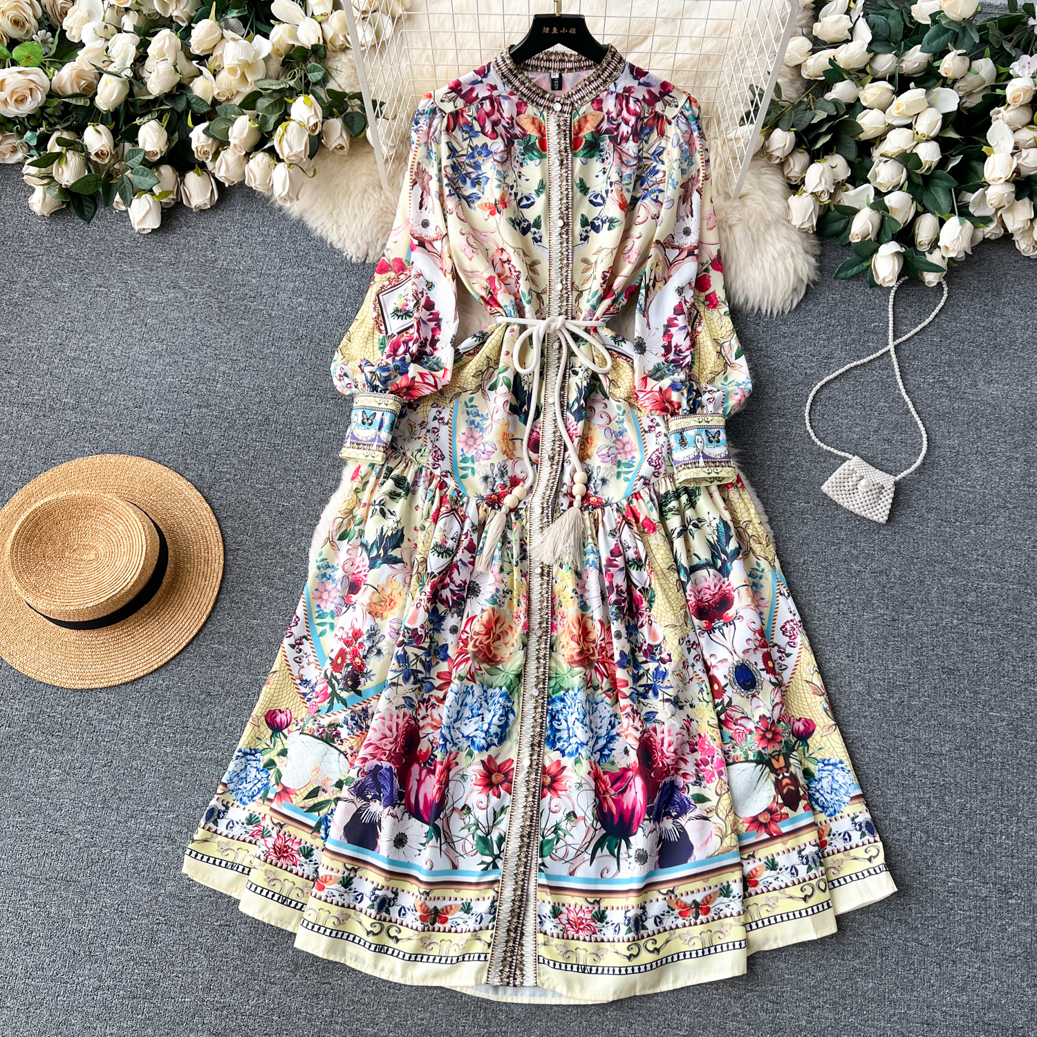 Basic Casual Dresses Autumn Runway Women's Stand Collar Long Lantern Sleeve Flower Print Single Breasted Belt Ruffles Pleated Maxi Vestidos 2024