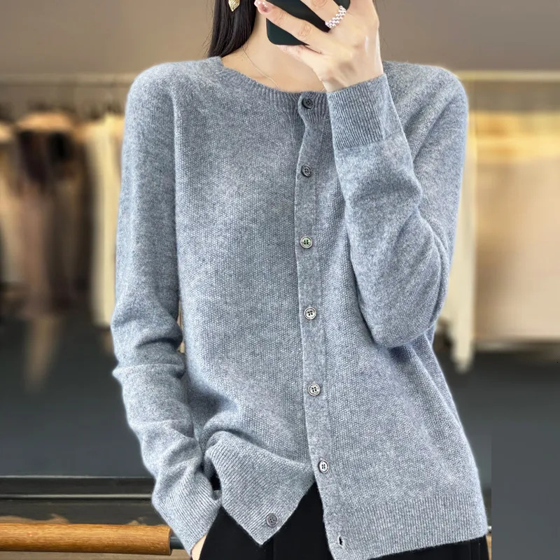 Womens Knits Tees 100% wool knit cardigan jacket womens Gui Huazhen round neck top 231005