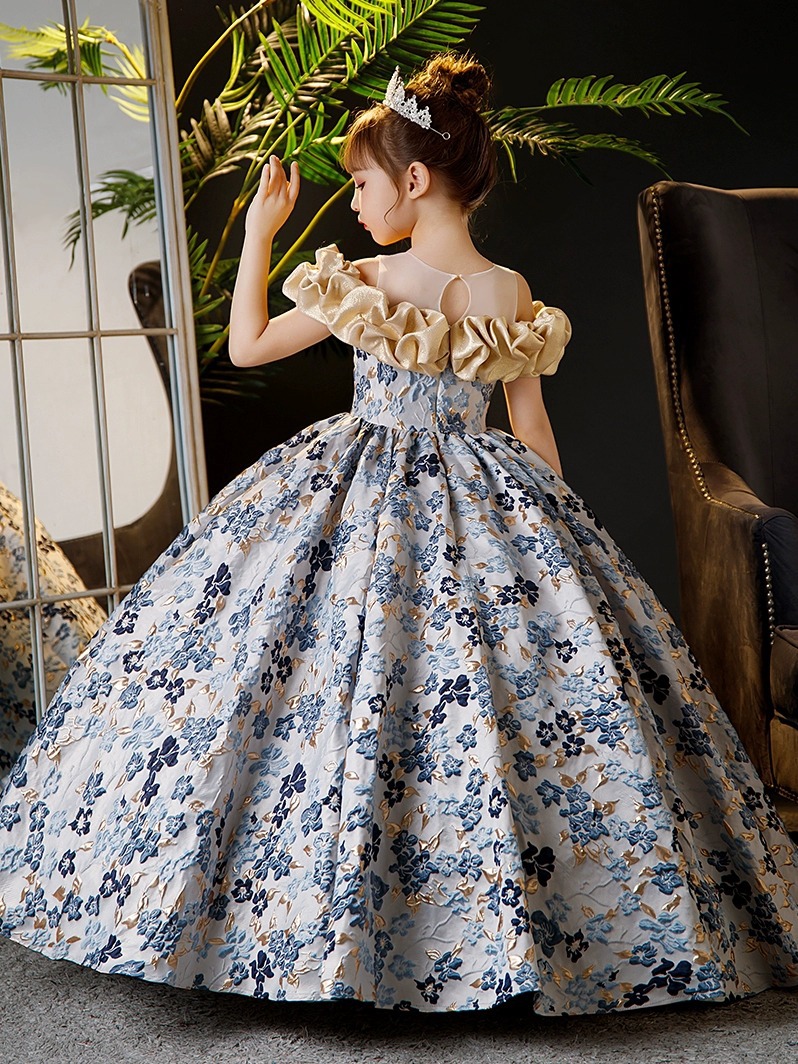 Gold Blue Wer Girl Dresses Off Shoulder Ball Gown Lace Appliques Beads Kids Girls Pageant Party Dress Shiny Bg 2-12 Years Birthday Gowns 403 6660311