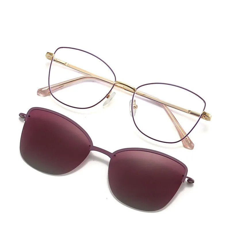 Sunglasses Frames Cat Eye Flip on Women Anti Blue Light Glasses Polarized Magnetic Clip Ladies Fashion Computer Eyeglasses 231005