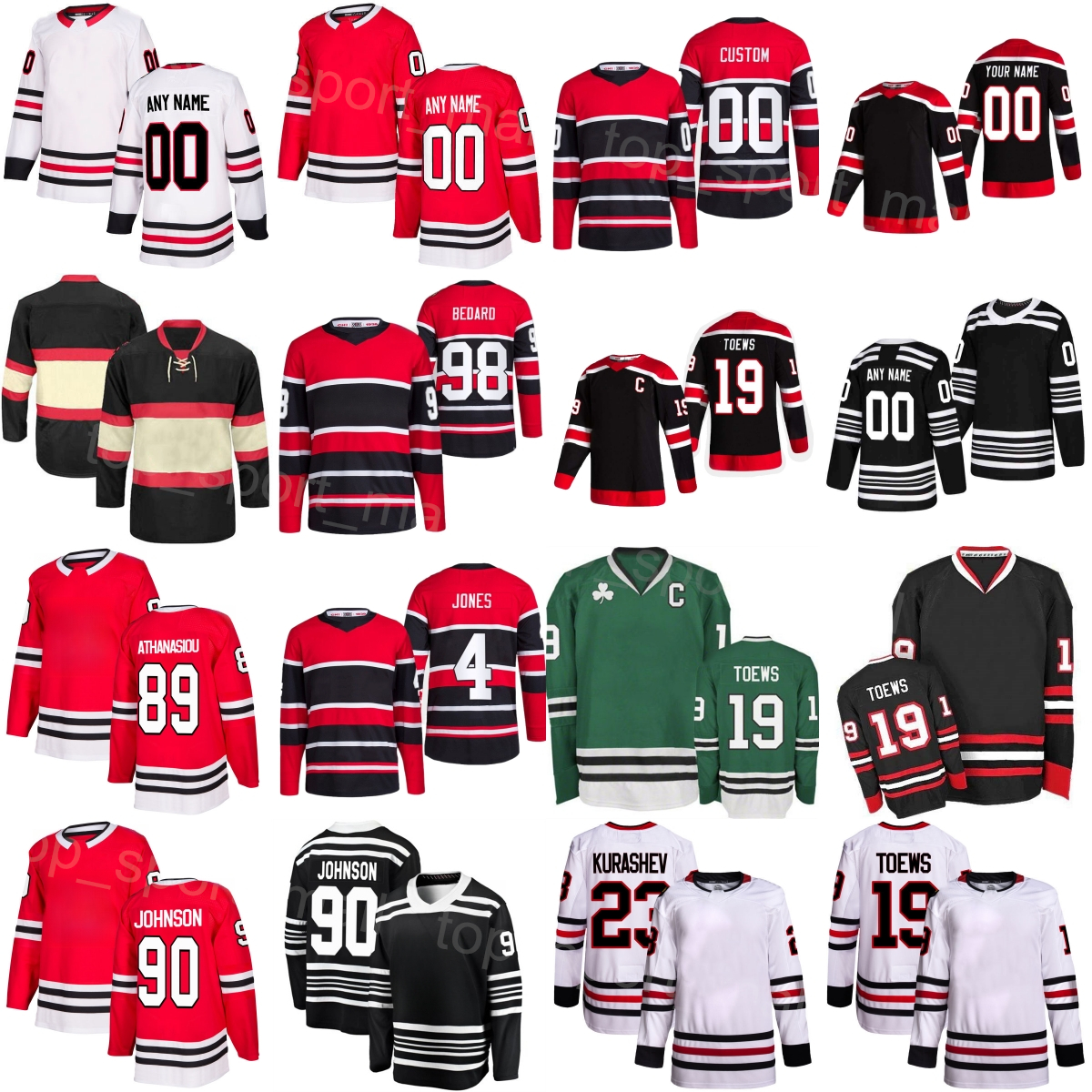 Men Kids Women Hockey 98 Connor Bedard Jersey 89 Andreas Athanasiou 4 Seth Jones 11 Taylor Raddysh 90 Tyler Johnson 19 Jonathan Toews Jason Dickinson Reverse Retro