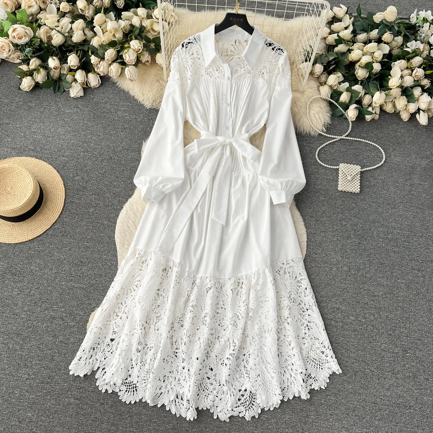 Basic Casual Dresses Runway Fashion Long Lace Dress Women Lapel Long Sleeve Embroidery Hollow Out Loose Belt Party Evening Dress Ladies Quality