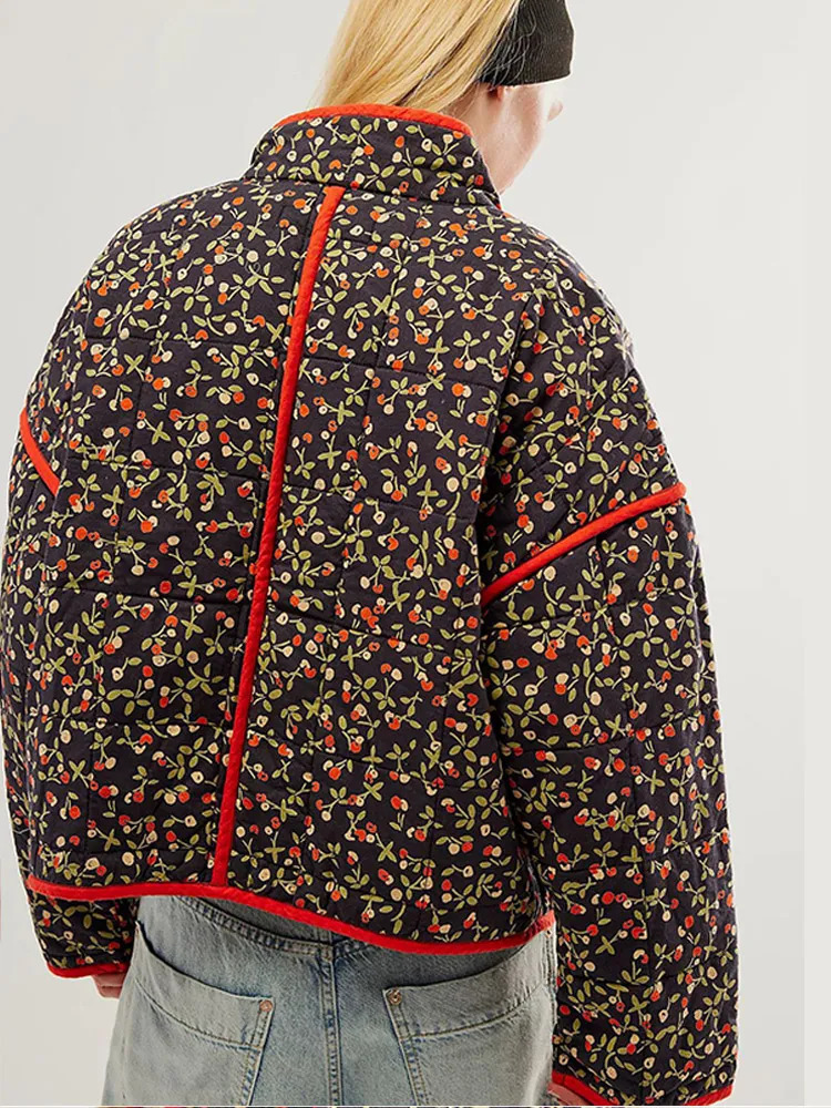 Women s Down Parkas Floral Thick Jacket Women Print Patchwork Warm Pocket Female Cotton Coat 2023 Autumn Winter Fashion Loose Casual Lady Overcoat 231