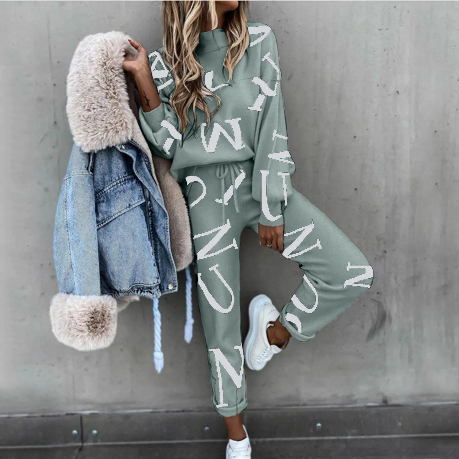 Womens Two Piece Pants Casual Letters Printed 2 Pieces Sets Joggers Drawstring Long Sleeve Tops Tracksuit For Sports Suit Ladies Suits Outfits 231005