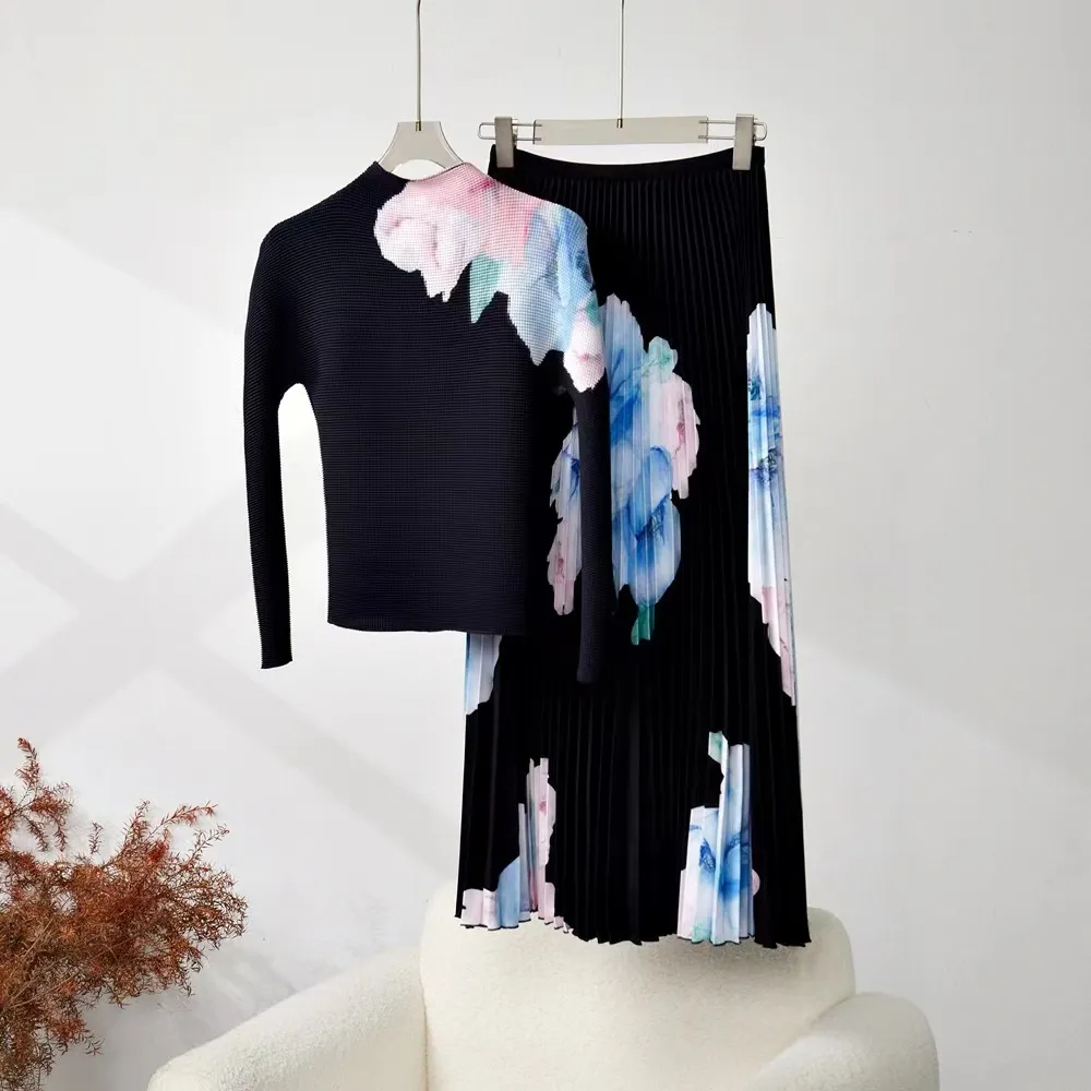 Two Piece Dress Vintage Elegant Floral Print Stretched Pullovers Top + A-Line Pleated Midi Long Skirts Fashion Runway 2 Pcs Sets Casual Outfits 2024