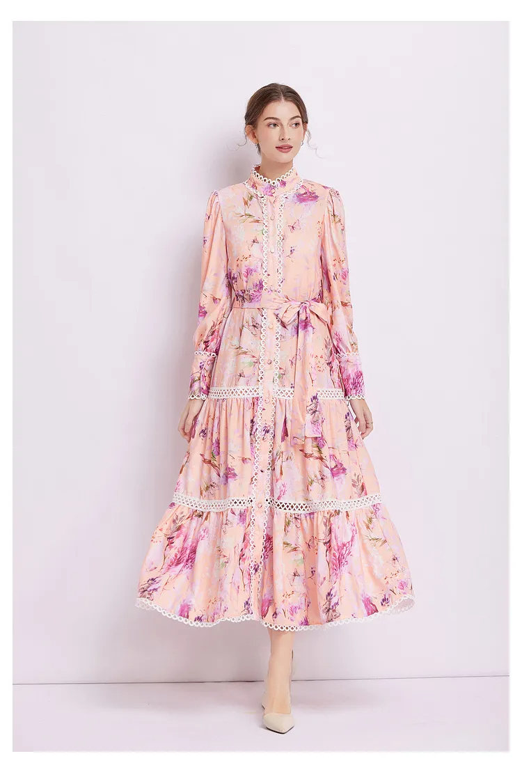 Basic Casual Dresses Fashion Runway Flower Print Shirt Dress Women Autumn Winter Lace Embroidery Hollow Out Lantern Sleeve Sashes Long
