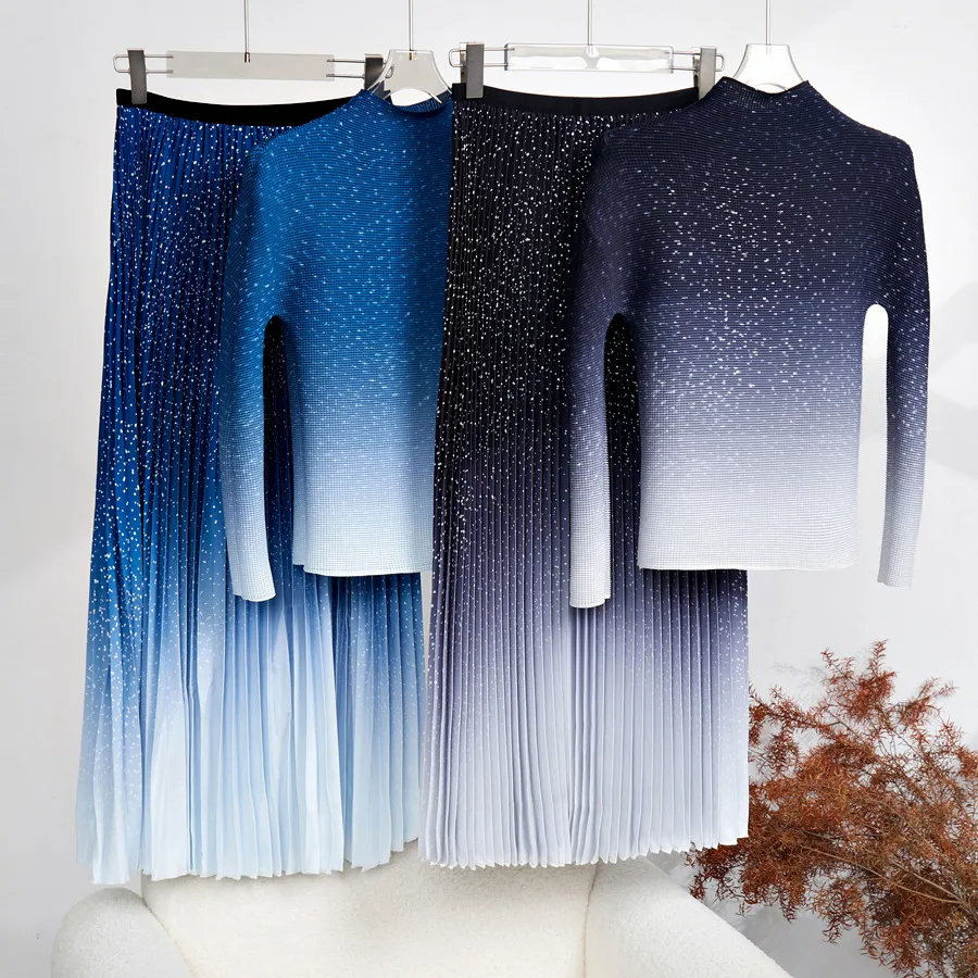 Two Piece Dress Autumn Runway Two Piece Skirt Suit Women Flower Print High Stretchy Pullovers Top Pleated Midi Skirts Casual Street Set Outfit 2024