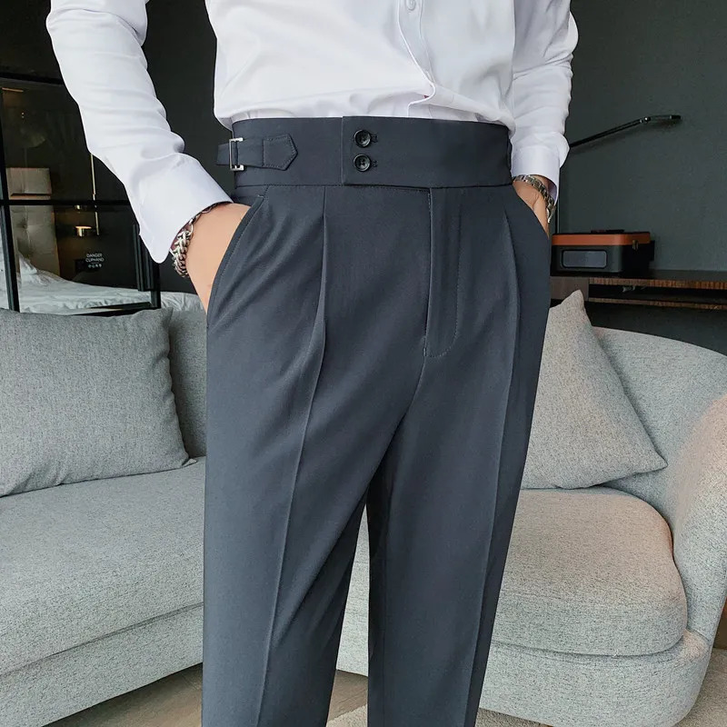 Men's Pants British Style Autumn Solid High Waist Trousers Men Formal Pants High Quality Slim Fit Business Casual Suit Pants Hommes 231005