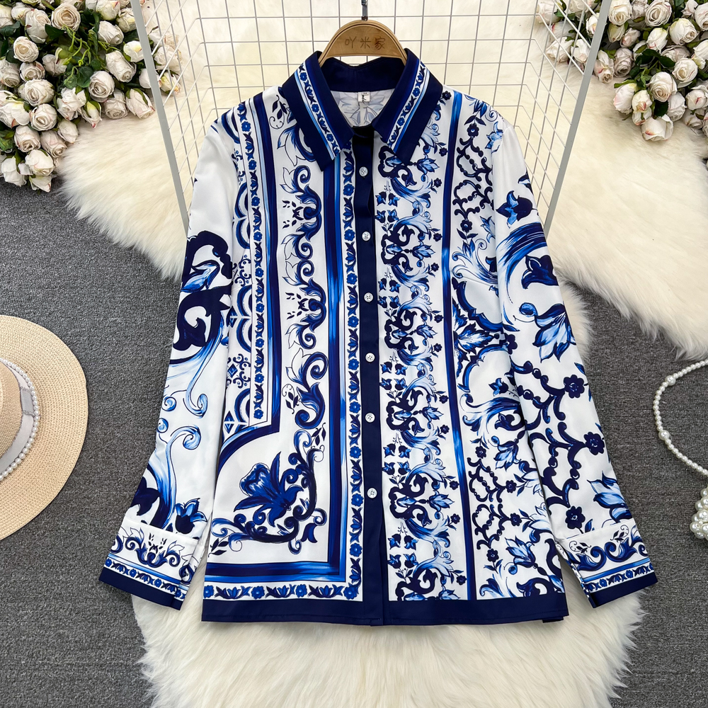 Two Piece Dress Runway Blue White Porcelain Set Women's Lapel Long Sleeve Print Blouse Shirts And High Waist Cropped Pants Trousers Suit