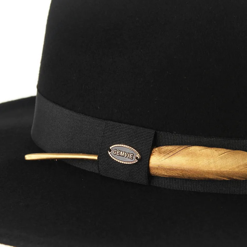 Wide Brim Hats Bucket GEMVIE 100 Wool Felt Hat Cowgirl Fedora For Man Women Striped Feather Band Autumn Winter Panama Jazz Cap 231005