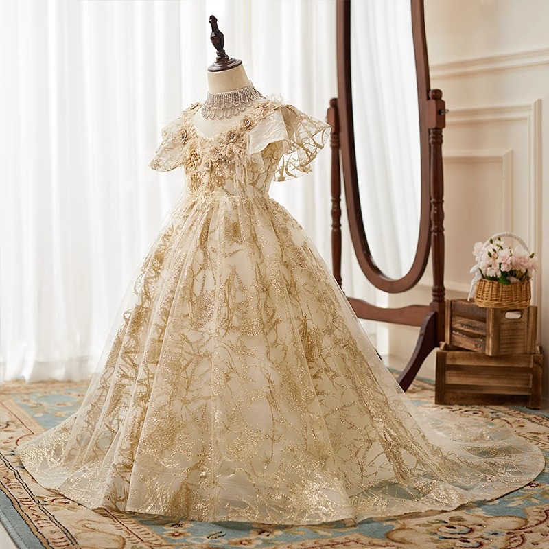 Gold Wer Girls Dress Appliques Crystals Feather Toddler Children Pageant Dresses Ball Gown Little Long Formal Kids Birthday Party Gowns 403 6660311