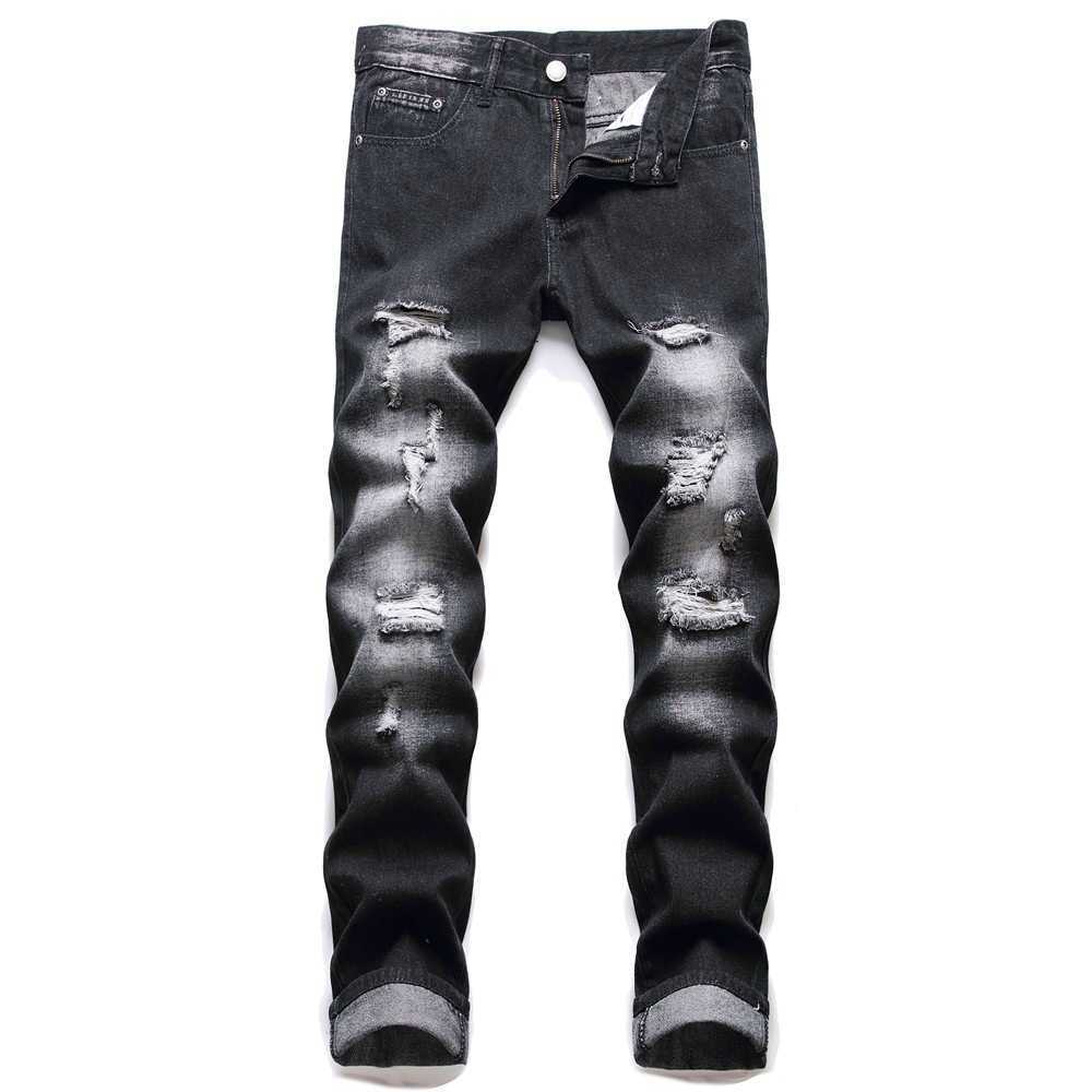 Men's Jeans New denim men's pants hole trend Black Slim Fit denim straight pants men's trendL23105