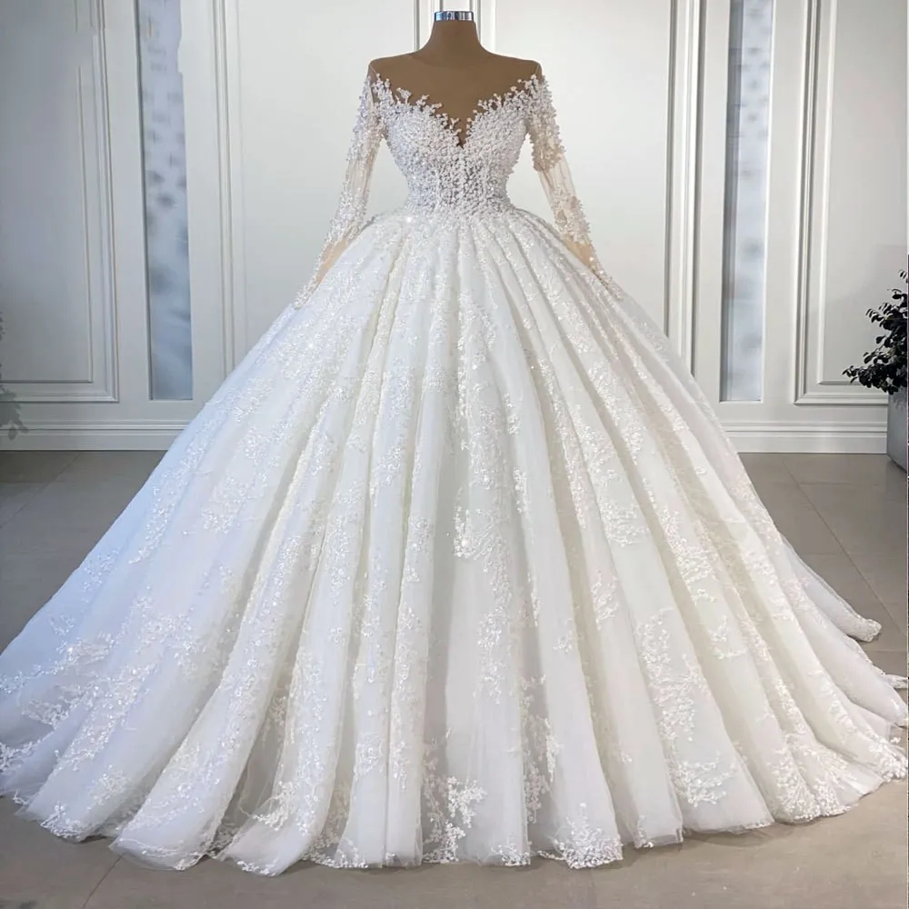 2024 Elegant Wedding Dress Illusion Neck Long Sleeves Lace Appliques Pearls Beads Bride Gowns Robe Mariage Vestidos De Novia 0627