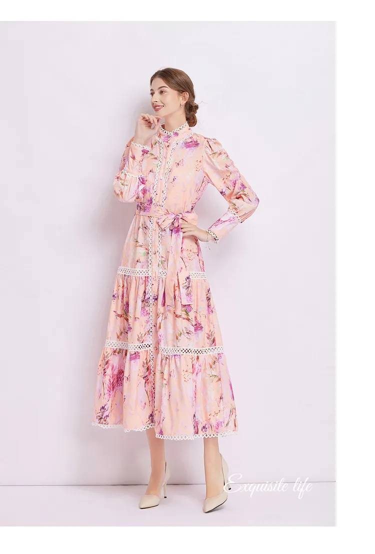Basic Casual Dresses Fashion Runway Flower Print Shirt Dress Women Autumn Winter Lace Embroidery Hollow Out Lantern Sleeve Sashes Long