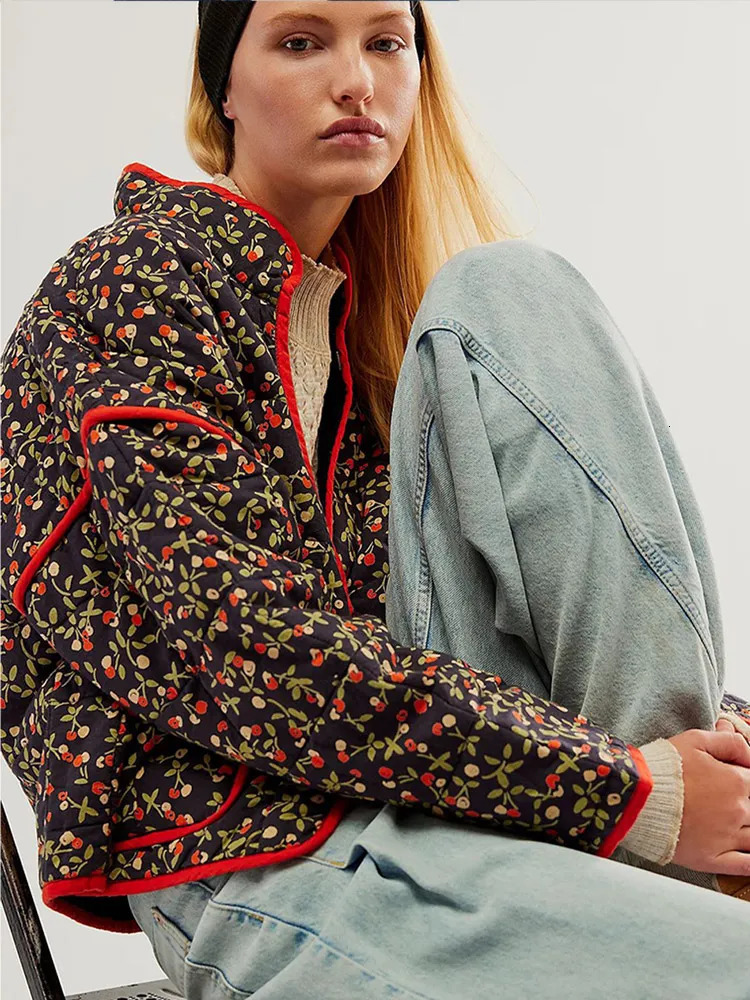 Women s Down Parkas Floral Thick Jacket Women Print Patchwork Warm Pocket Female Cotton Coat 2023 Autumn Winter Fashion Loose Casual Lady Overcoat 231
