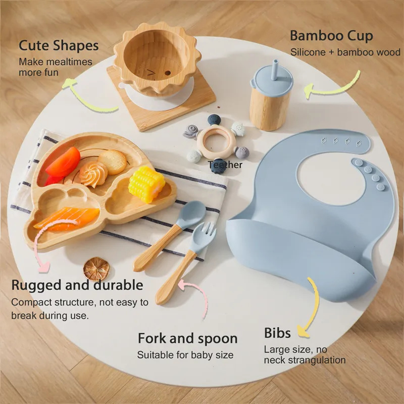 Cups Dishes Utensils 7pcs Silicone Baby Feeding Set Baby Feeding Supplies Kids Bamboo Dinnerware With Cup Children's Dishes Bowl Stuff Tableware 