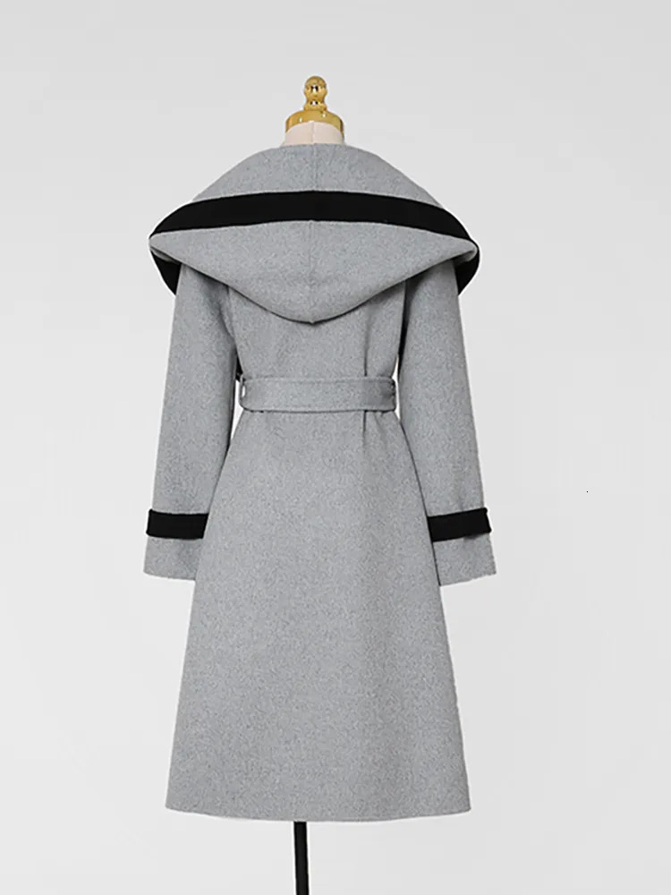 Women's Wool Blends DEAT Fashion Women Woolen Coat Double-sided Long Sleeve Lace-up Waist Contrast Color Elegant Windbreak Winter 13DB3773 231006
