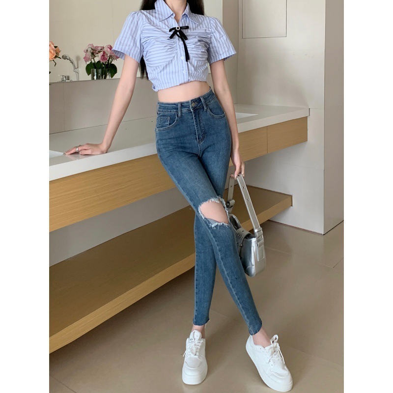 Women's Pants Capris 2023 Summer and Autumn High Waist Hyunya Rotten Hole Jeans for Women's Tight and Slim Cropped Leggings Trend 231006