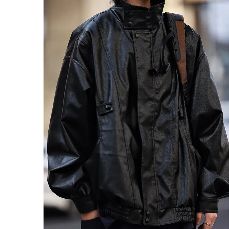 Men's Leather Faux Leather Y2K Street Vintage PU Leather Jacket Men's Autumn and Winter Casual Loose Versatile Stand Up Collar Leather Coat 