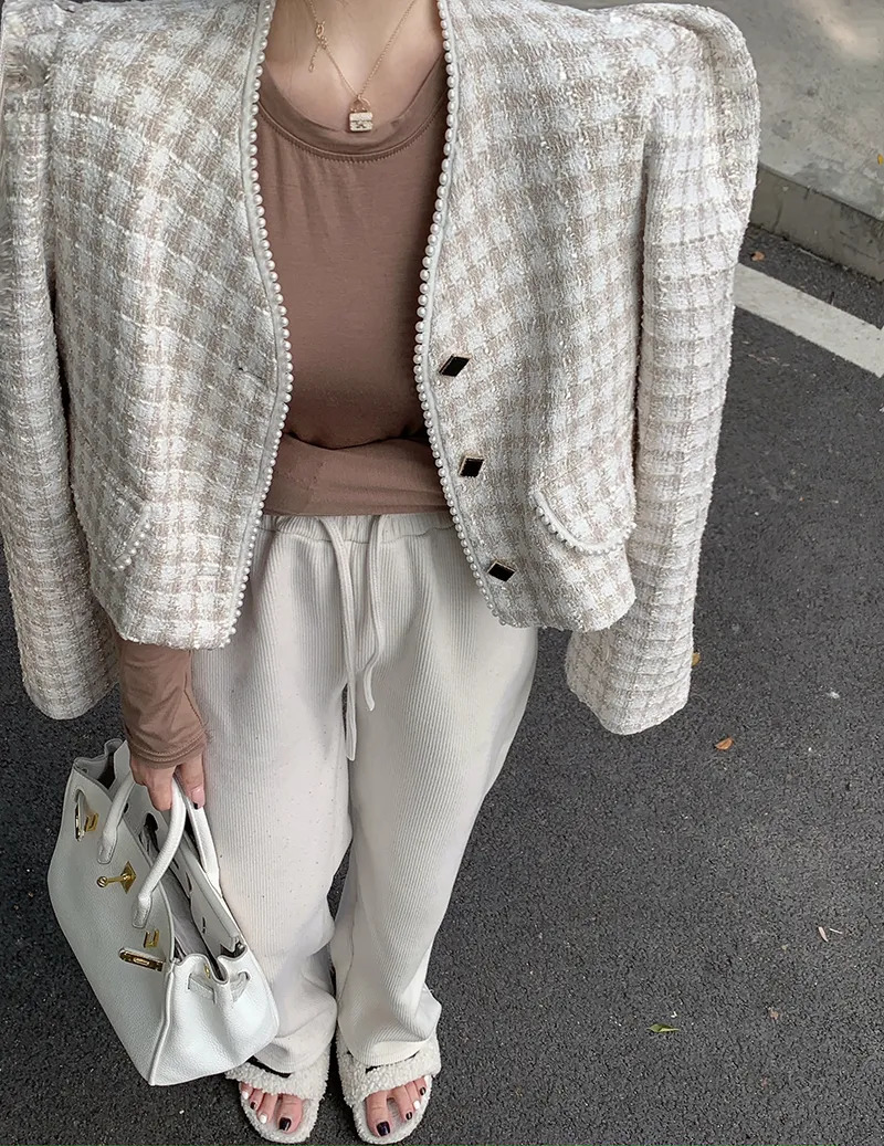 Women's Jackets Women Autumn Winter Pattern Plaid Pearl Edge Temperament Fragrant Coat Girl Tweed Jackets 231006
