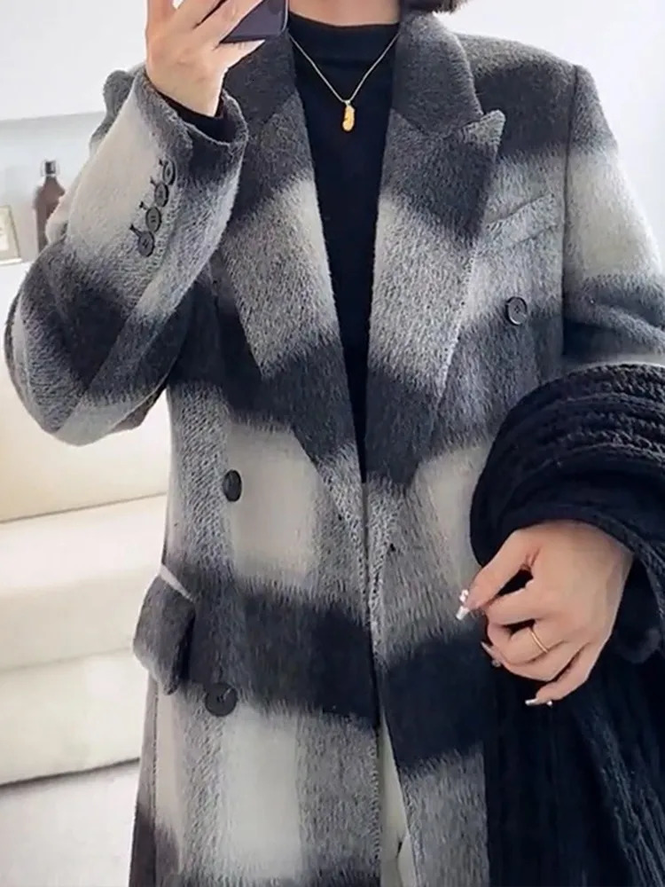 Women's Wool Blends UCXQ vintage contrast color black white plaid notched double breasted woolen coats casual loose long sleeve jacket autumn 231