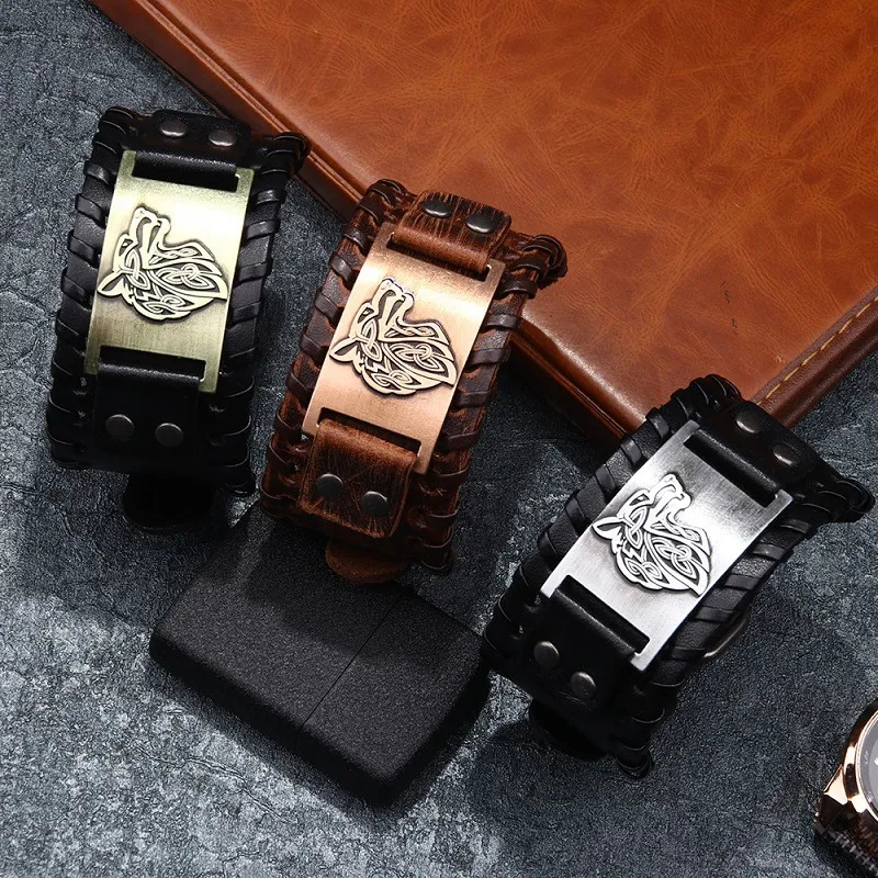 Bangle Vintage Viking Leather Braided Bracelet for Men Celtic Wolf Head Bracelets Classic Animal Motifs Jewelry On The Hand Accessories 231006