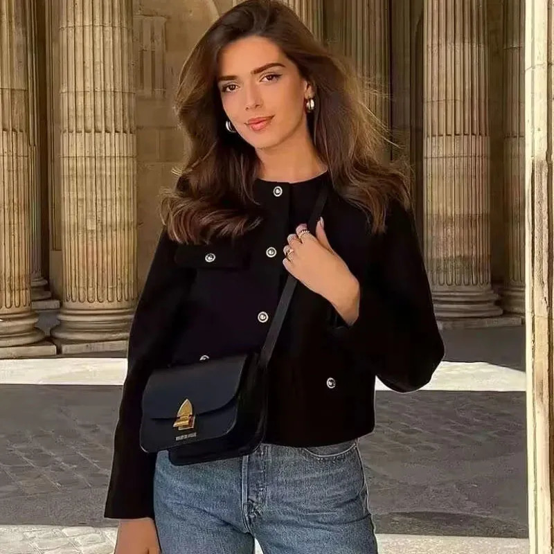 Women's Jackets TRAF Tweed Bomber Coat Demi-Season Jacket For Women Long Sleeve Top O-Neck Outerwear In Coats Chic And Elegant Woman Coat 231006