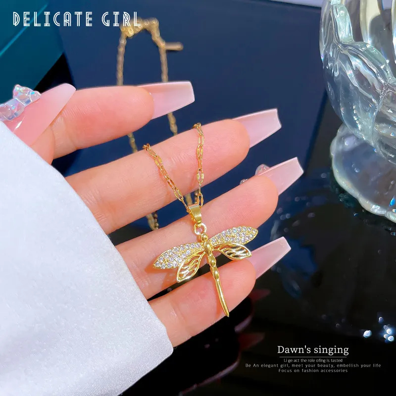 Chokers DIEYURO 316L Stainless Steel Personality Dragonfly Pendant Necklace For Women Fashion Girls Clavicle Chain Party Jewelry Gifts 231006