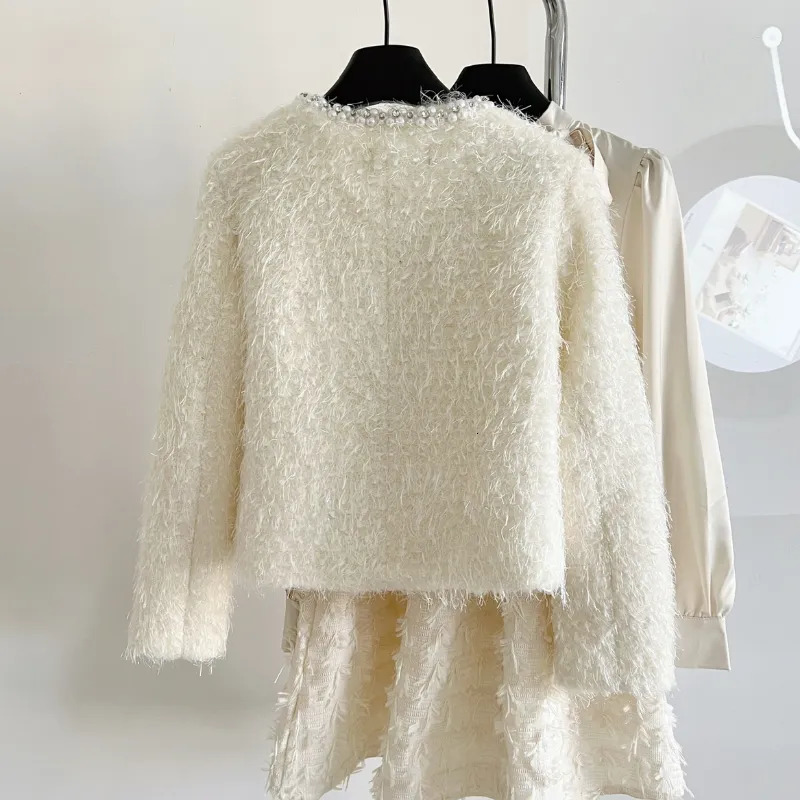 Women's Jackets French Pearl Collar White Sweet Women Coat Small Fragrance Elegant Chic Basic Korea Warm Autumn Loose Casual Winter Woolen Coat 2