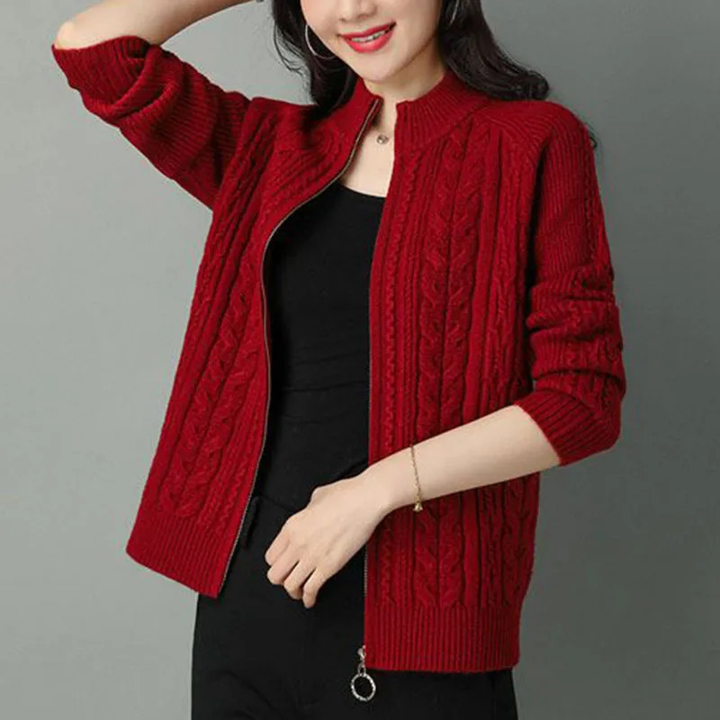 Women's Knits Tees Half High Collar Zipper Knitted Cardigan Jacket Women Autumn Style Solid Color Raglan Sleeve Cardigans Thicken Sweater Coat 23