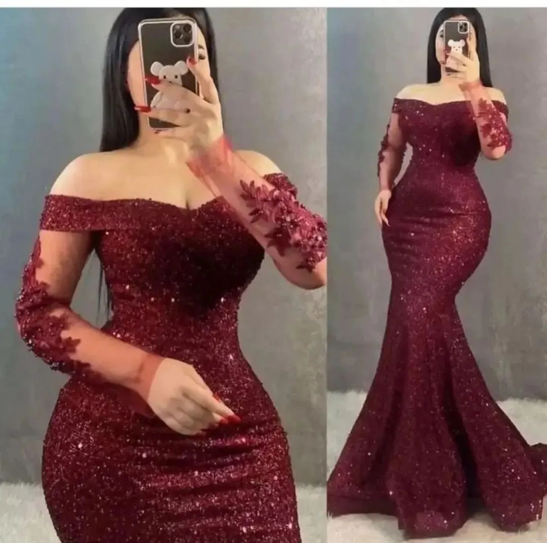 Glitter Burgundy Mermaid Evening Dresses Off the Shoulder Long Sleeves Beaded Lace Sequined Party Gowns Women Formal Prom Dress Plus Size Special Occa
