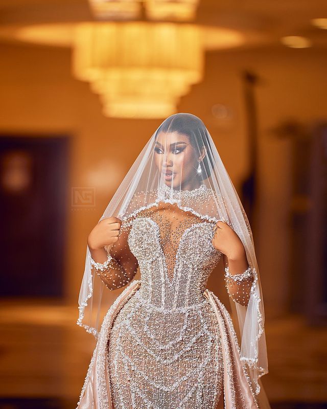 2023 Oct Arabic Aso Ebi Plus Size Champagne Mermaid Wedding Dress For Bride Pearls Beaded Sequined Lace Bridal Gowns Dresses ZJ045