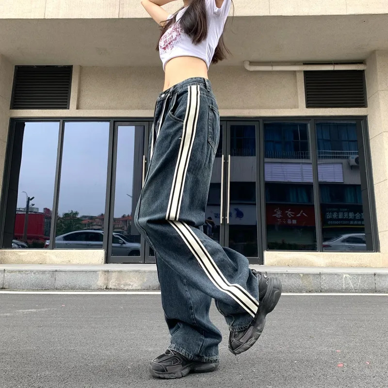 Womens Jeans Vintage Striped Patchwork Wide Leg for Women AmericanStyle Straight Pants Long Denim Trousers 231005