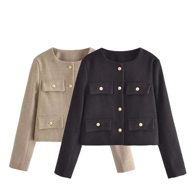 Women's Jackets TRAF Tweed Bomber Coat Demi-Season Jacket For Women Long Sleeve Top O-Neck Outerwear In Coats Chic And Elegant Woman Coat 231006