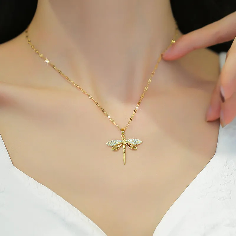 Chokers DIEYURO 316L Stainless Steel Personality Dragonfly Pendant Necklace For Women Fashion Girls Clavicle Chain Party Jewelry Gifts 231006