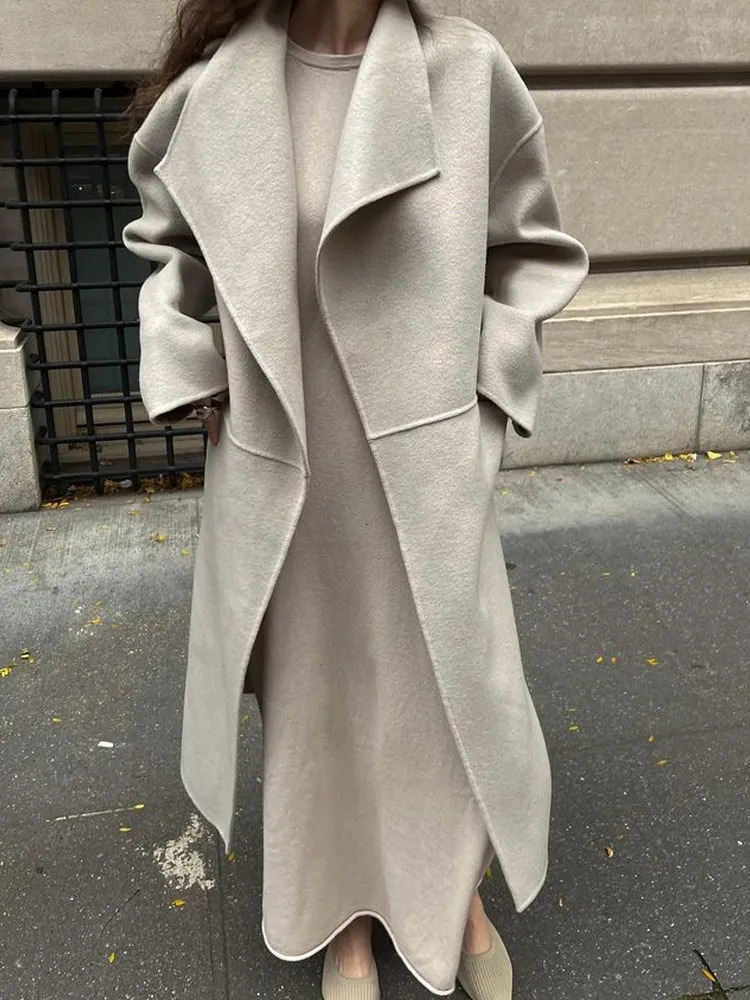 Women's Wool Blends Faux Woolen Coat Women Autumn Winter Long Overcoat Female Elegant Fashion Lapel Maxi Jacket Ladies Vintage Loose Pocket Coats