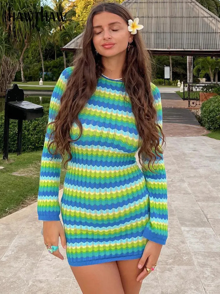 Basic Casual Dresses Hawthaw Women Long Sleeve Striped Beach Vacation Bodycon Mini Dress Streetwear Summer Clothes Wholesale Items For Business 231005