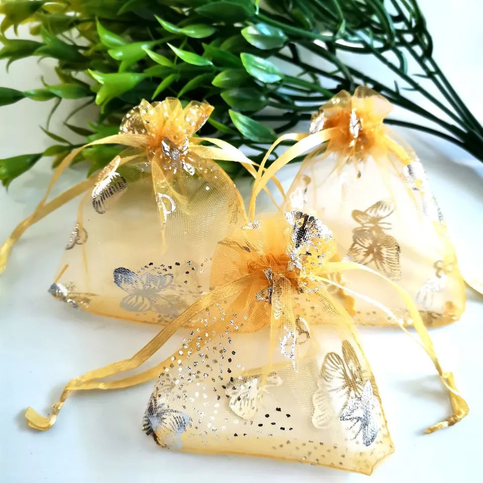 Jewelry Boxes 100pcsLot Butterfly Organza Jewelry Bags Drawstring Pouch Gift Bags Candy Packaging Bags Christmas Jewelry Display Bags 231006